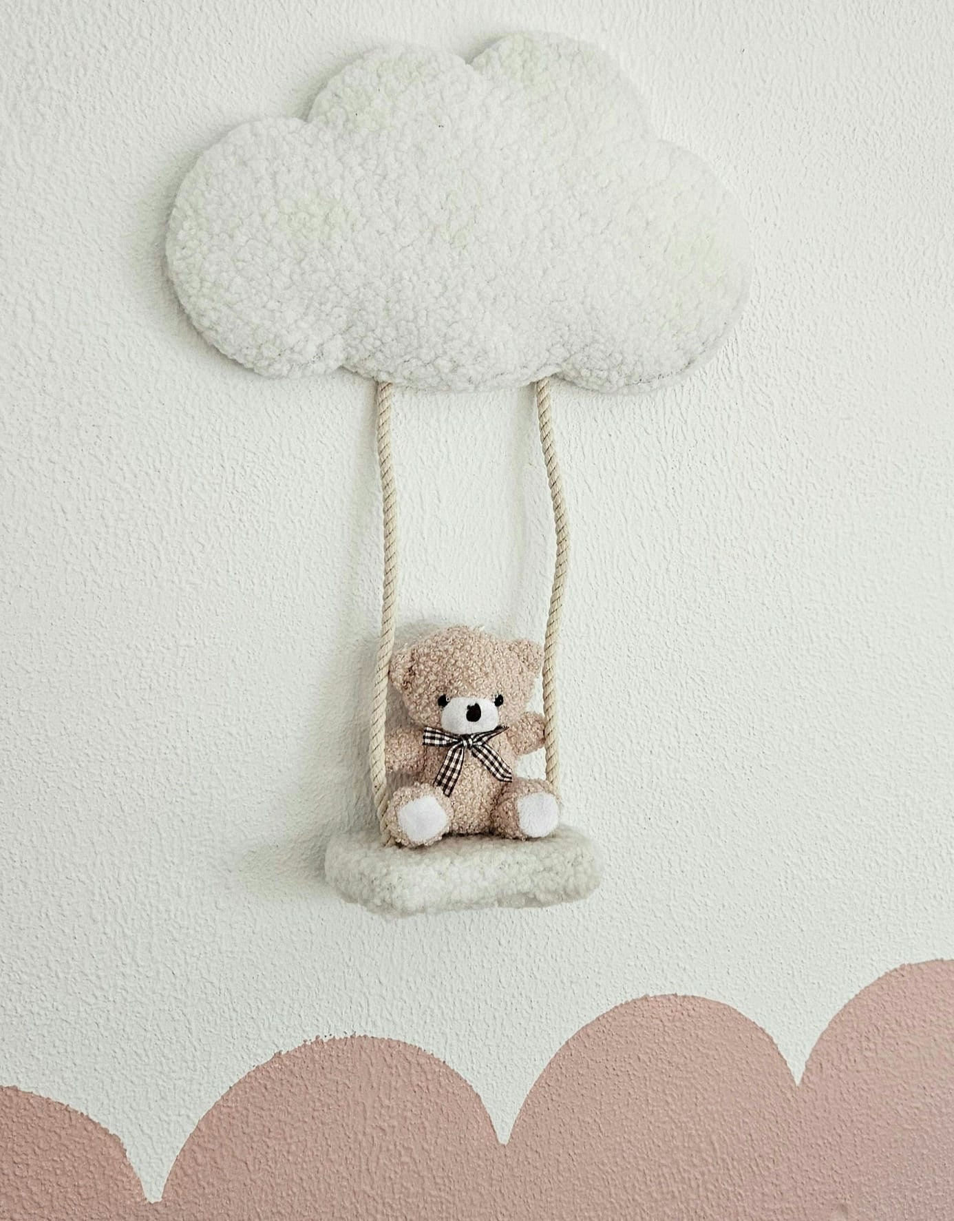 Small cloud with bear on swing wall decoration off-white/ochre yellow nursery, boucle wall decoration, children's room, baby room, clouds cloud