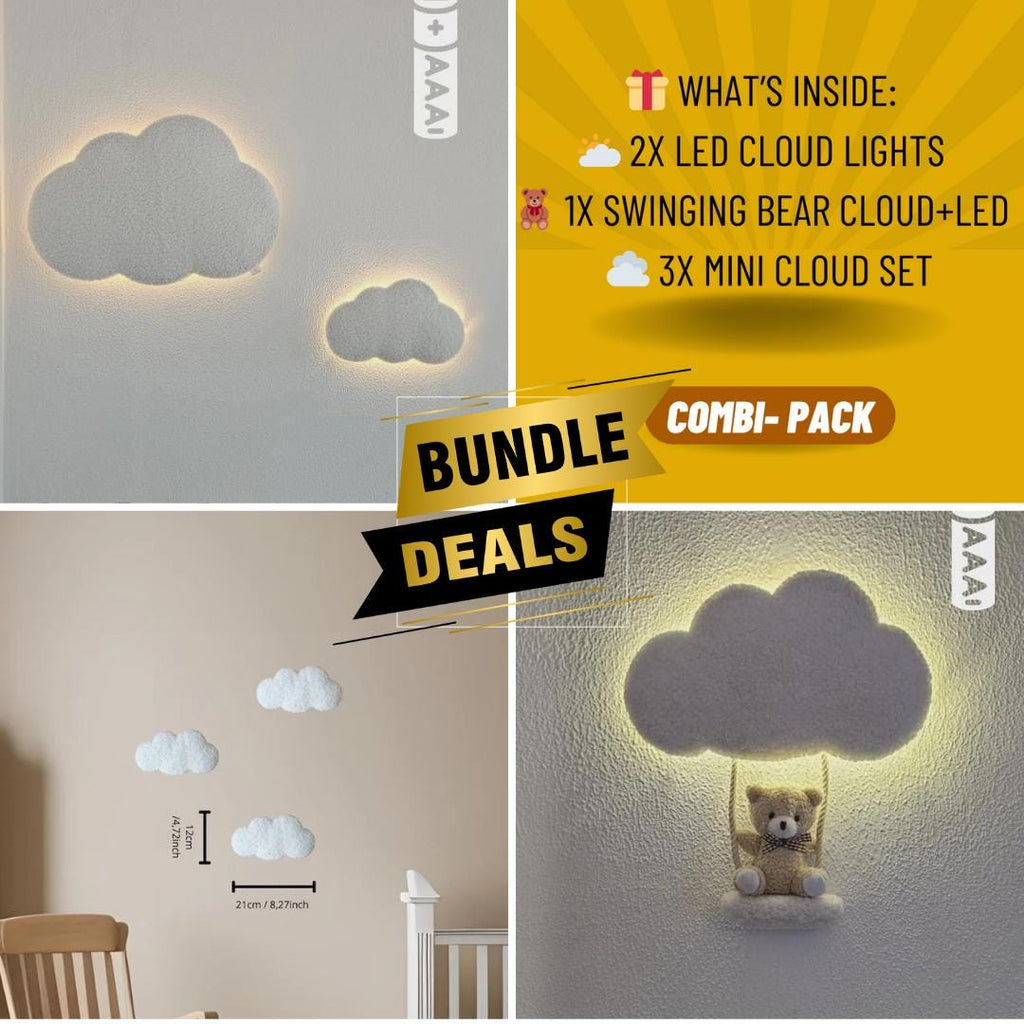 Cloud Wall Light Bundle - LED Cloud Lamps + Bear Swing - Nursery Wall Decor Set | Baby Shower Gift - Handmade Night Lights - Gift Set