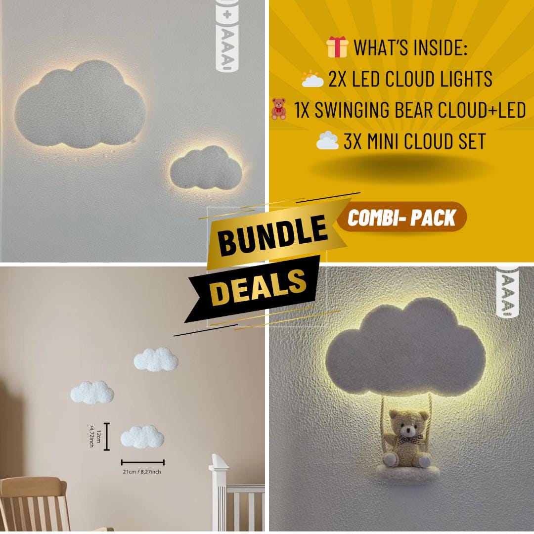 Cloud Wall Light Bundle - LED Cloud Lamps + Bear Swing - Nursery Wall Decor Set | Baby Shower Gift - Handmade Night Lights - Gift Set