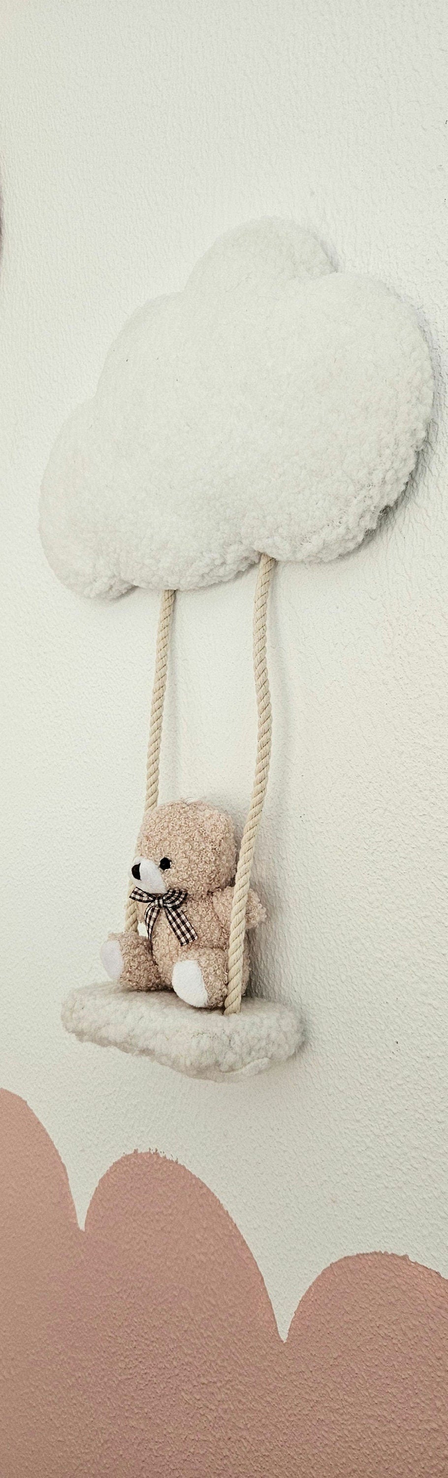 Small cloud with bear on swing wall decoration off-white/ochre yellow nursery, boucle wall decoration, children's room, baby room, clouds cloud
