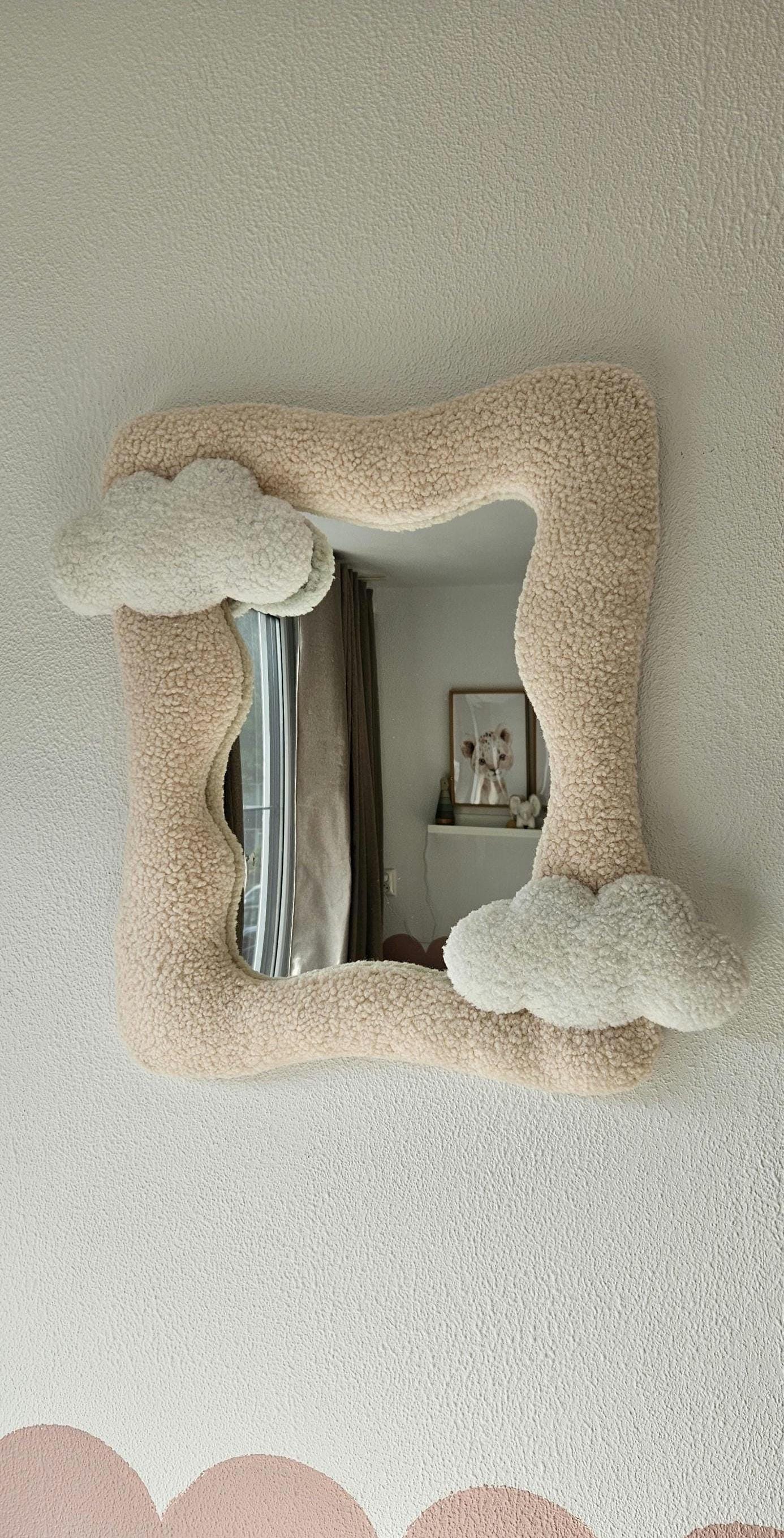 Mirror with clouds wall decoration champagne/off-white organic shape nursery, boucle wall decoration, children's room, baby room